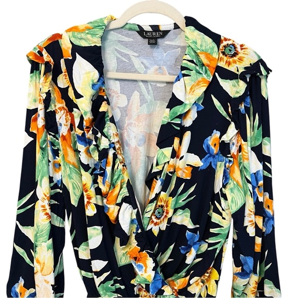 Lauren Ralph Lauren Tropical Print Wrap Front Tie Waist Top Black Multi Size XL - Picture 2 of 5